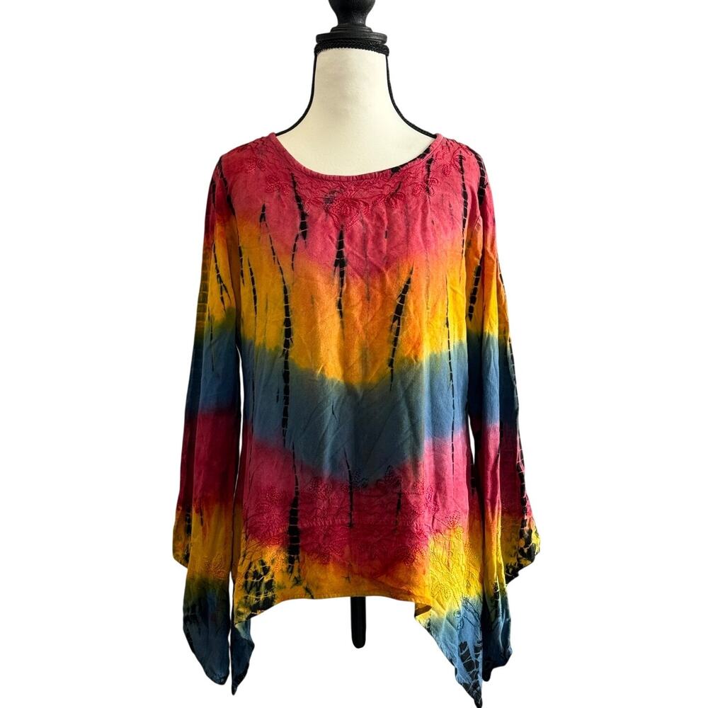 Boho Hippie Tie Dye Embroidered Festival Top Sharkbite Handkerchief Tunic M/L